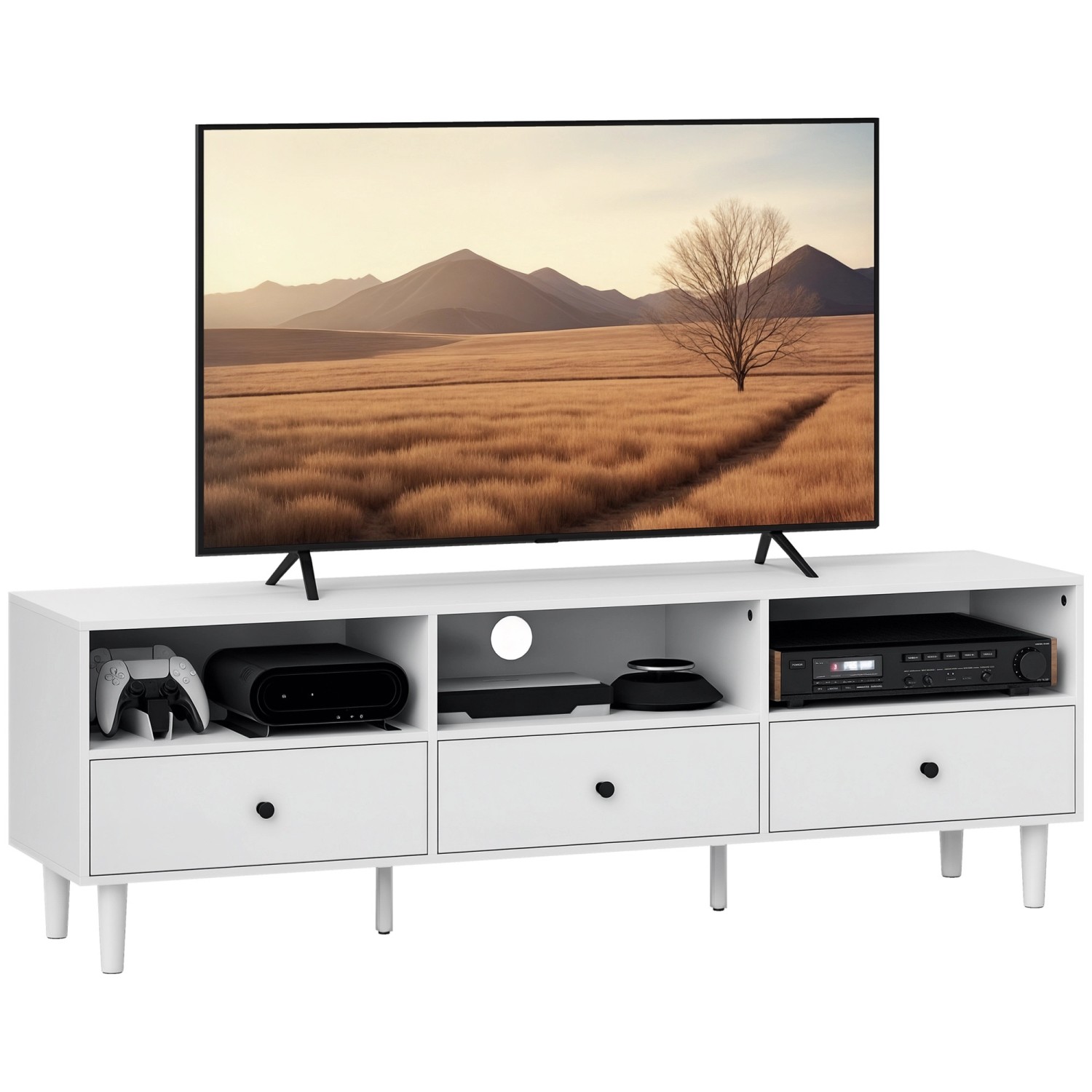HOMCOM TV Schrank TV Board mit Schubladen 3 Offenen Fächern Weiß