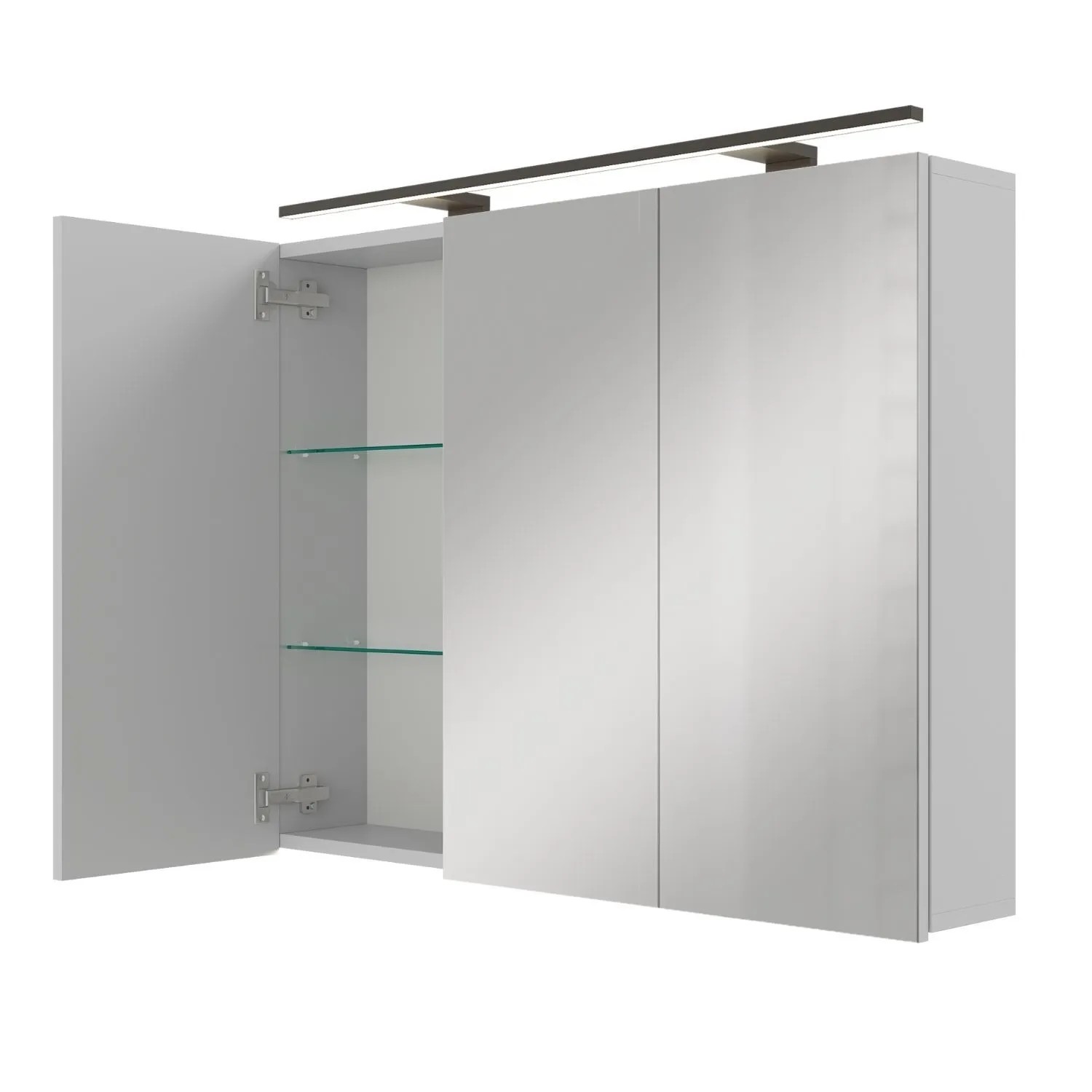 Planetmöbel ARIA Spiegelschrank 90 cm Weiß Grau mit LED Leuchte Schwarz Steckdosenbox 230 V