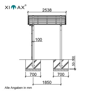 Technische Zeichnung: Ximax Alu Carport Portoforte Mini, Maße und Details zur Sonderfertigung.
