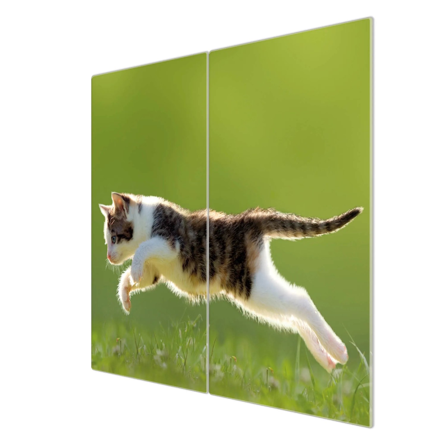 2-teilige Herdabdeckplatte aus Glas mit Katzenmotiv, auch als Schneidebrett nutzbar.