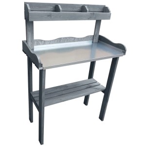 Grauer Promadino Pflanztisch mit verzinkter Arbeitsfläche und Ablageboard für Gartenzubehör.