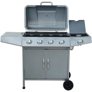 Silberner El Fuego Gasgrill Dayton mit 4 Brennern und Seitenbrenner. Grillwagen mit Unterschrank.