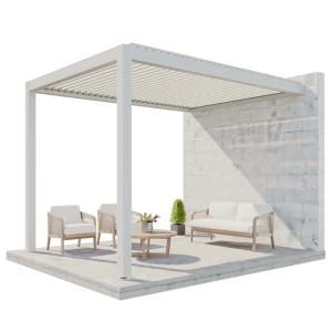Wandmontierte Huun Pergola Mezzo, 300x400 cm, weiß, mit Lamellendach und Sitzgruppe.