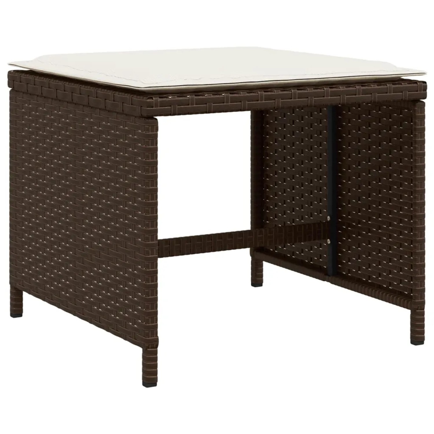 Brauner vidaXL Gartenhocker aus Rattan mit cremefarbenem Kissen, Teil der 11-tlg. Essgruppe.