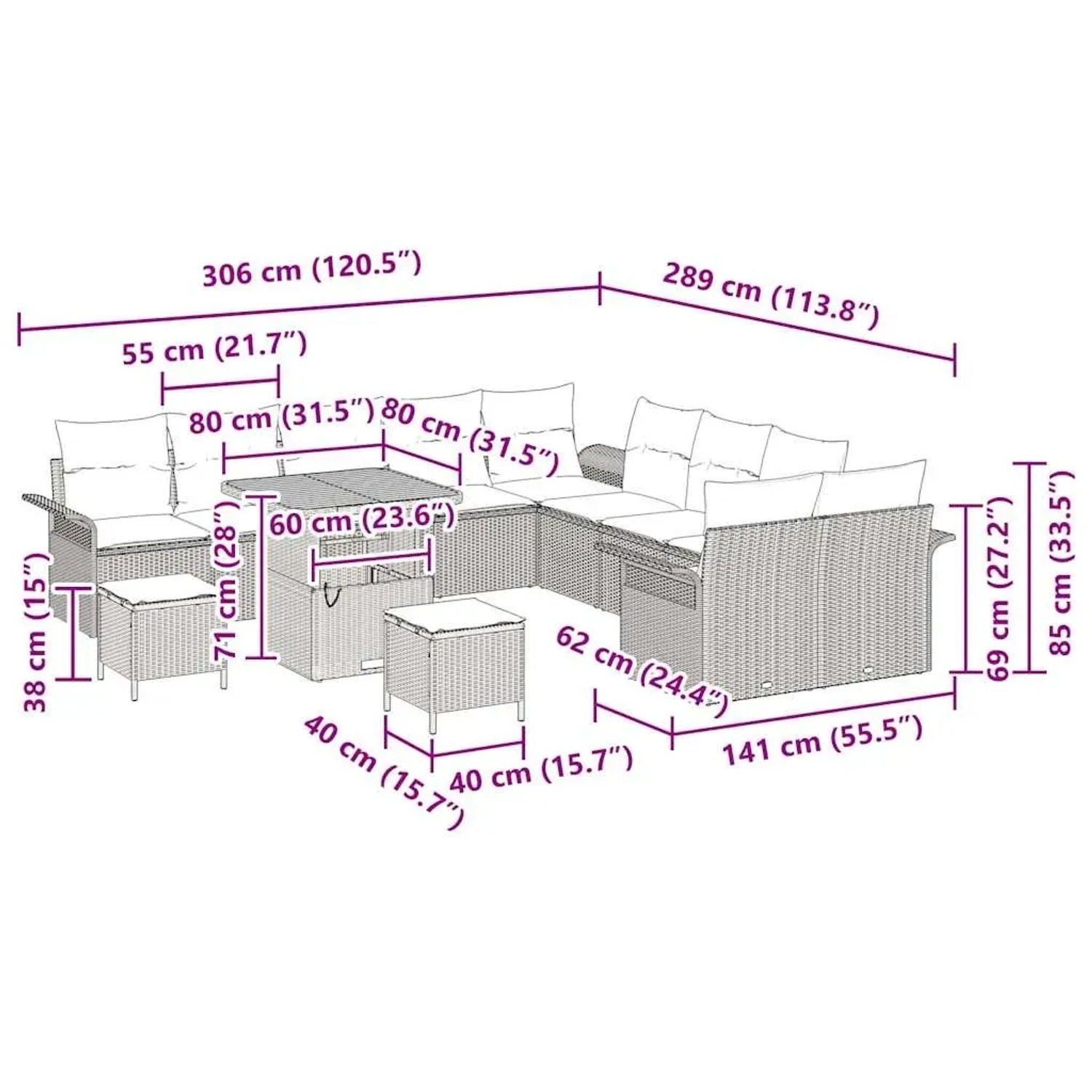 vidaXL Garten-Sofa-Set, 13-teilig, schwarz, Poly Rattan, mit Maßangaben.