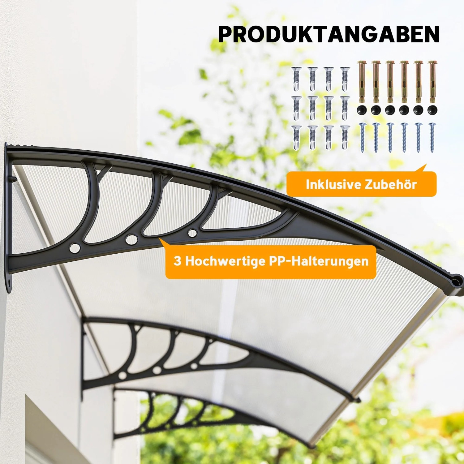 Outsunny Pultvordach transparent aus Polycarbonat, gebogen, mit schwarzem Rahmen, inkl. Montagezubehör für Fenster.