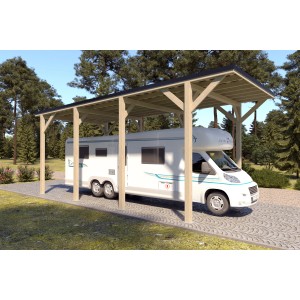 Holzbrüder Camping-Carport Ralf Natur mit schwarzem Blechdach und Wohnmobil.