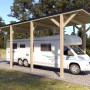Holzbrüder Camping-Carport Ralf Natur mit schwarzem Blechdach und Wohnmobil.