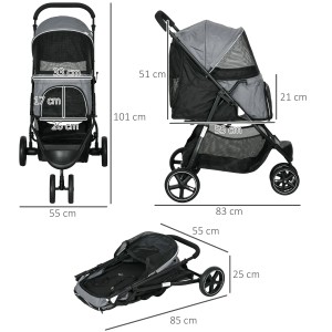 PawHut Hundewagen, grau, mit Maßangaben: aufgebaut, seitlich und zusammengeklappt.