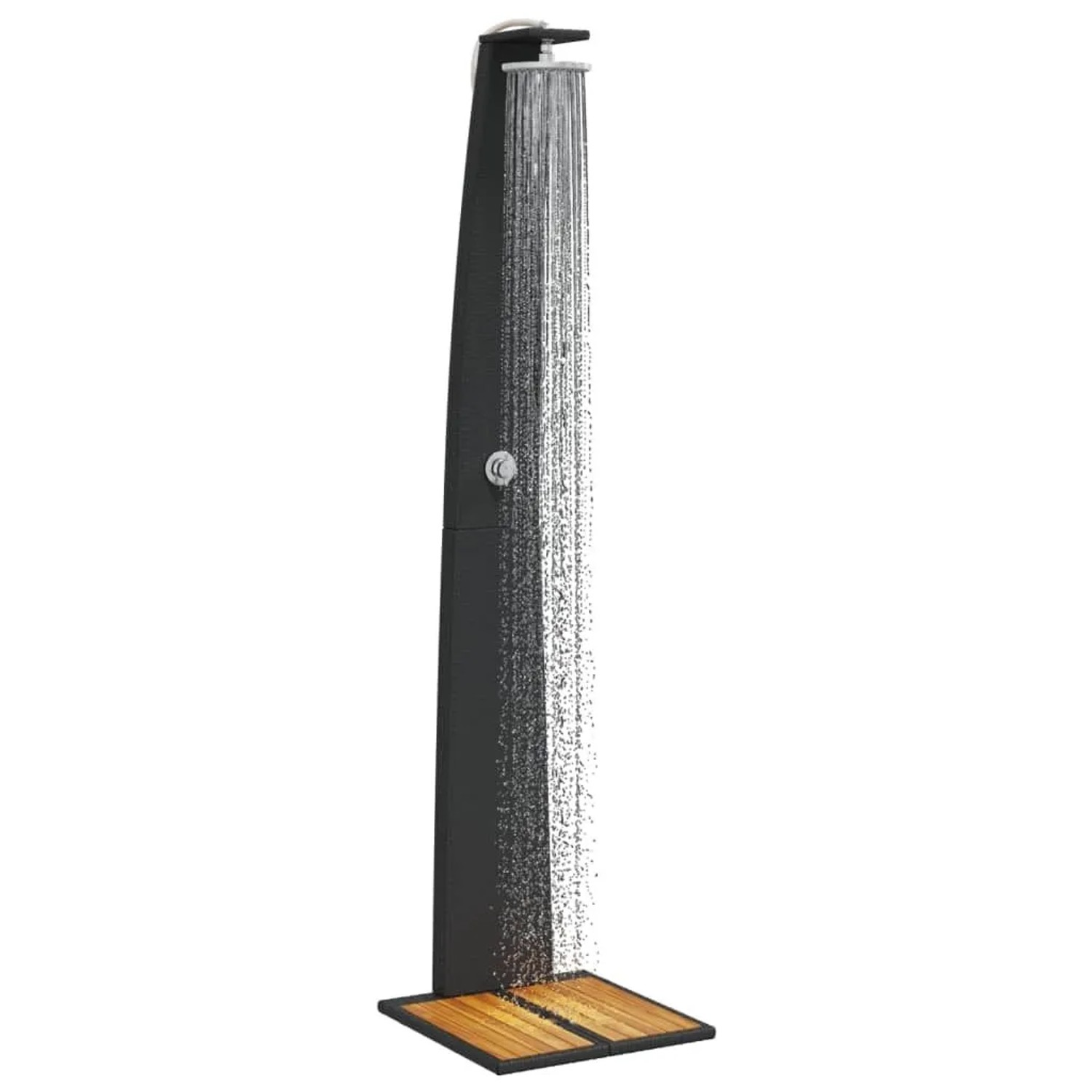 Schwarze vidaXL Gartendusche aus Rattan und Akazienholz mit Wasserstrahl.