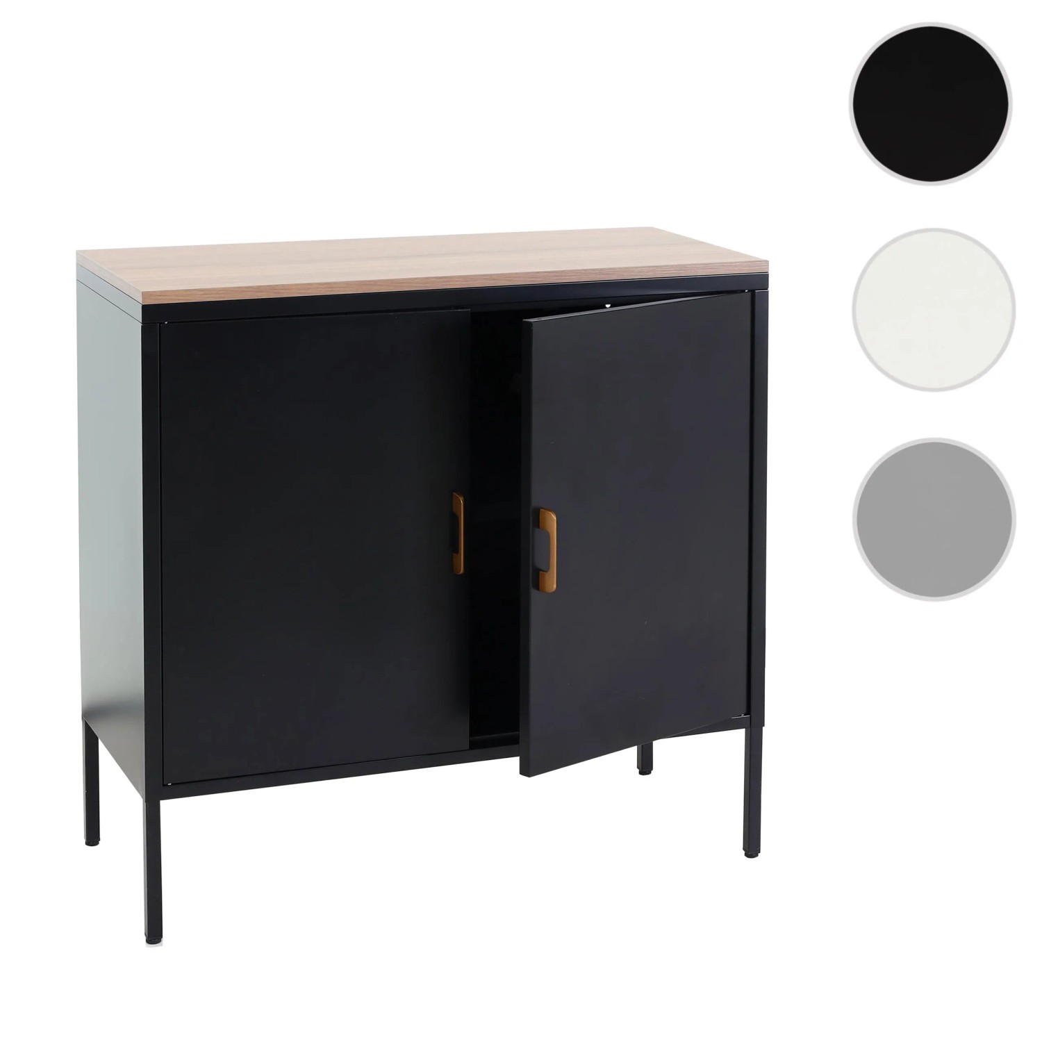 Schwarze MCW Kommode L84-2 mit zwei Türen und hellem Holzdeckel. Schubladenkommode mit Metallgestell.