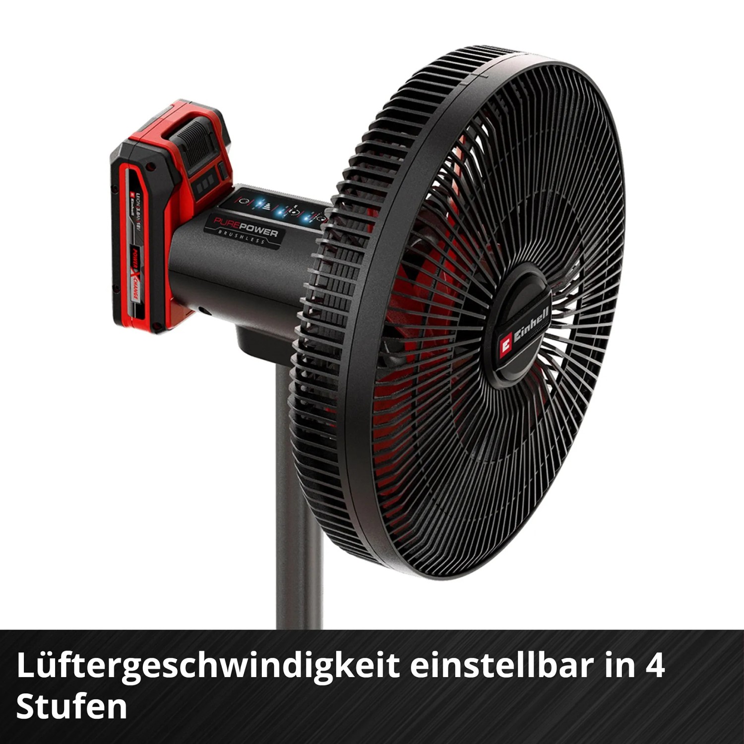 Einhell Akku-Ventilator GE-CF 18/320 P Li-Solo, schwarz-rot, mit Akku der Power X-Change Familie.