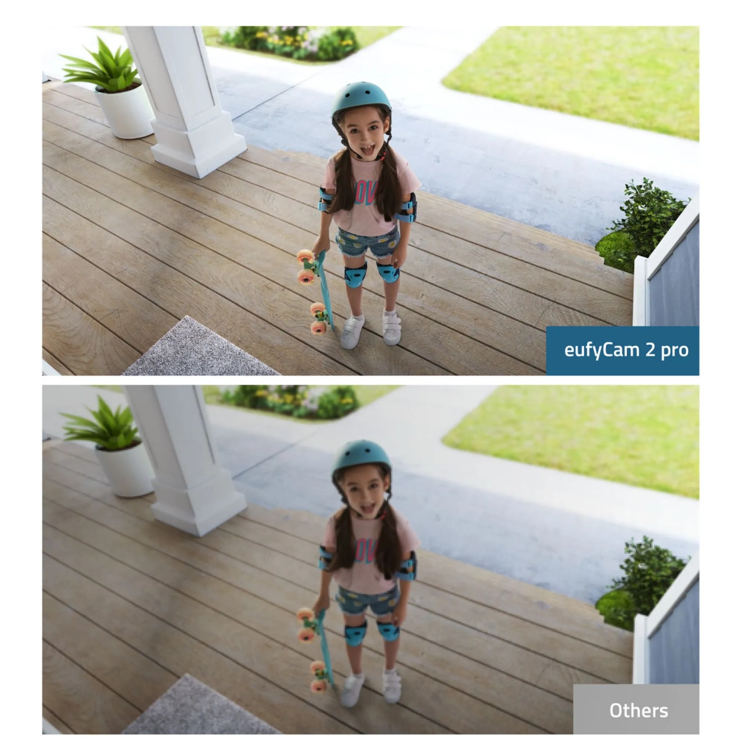 Eufy S221 Überwachungskamera im Einsatz: Kind mit Skateboard vor dem Haus.