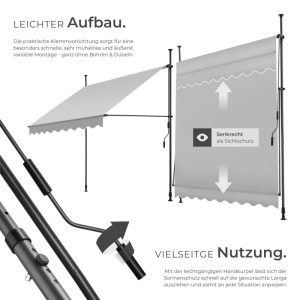 Tectake Klemmmarkise  Mit Handkurbel Uv Beständig 200 x 180 cm 180 x 200 x 304 cm Hellgrau