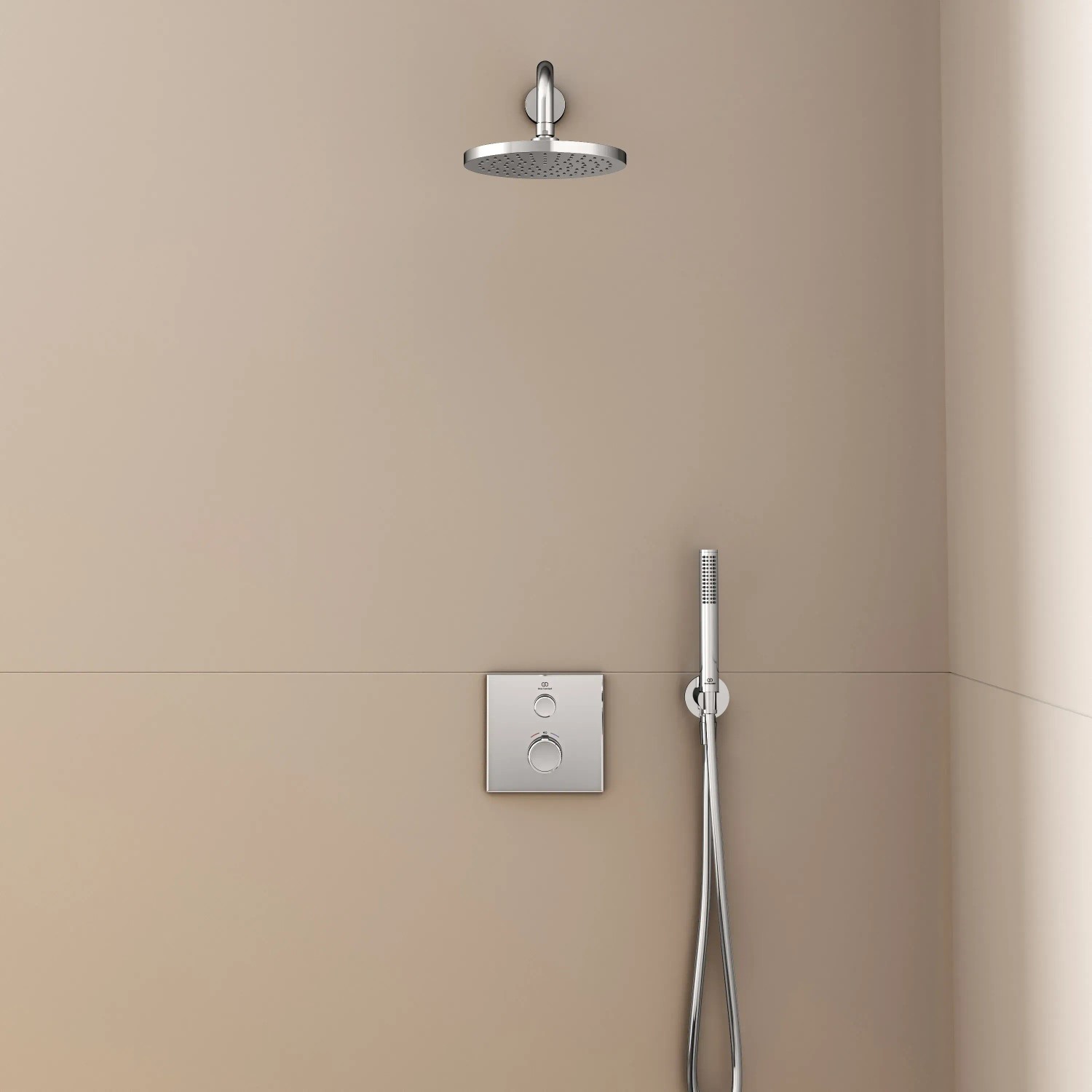 Ideal Standard Brausehalter Idealrain Atelier, rund, Chrom, mit Handbrause und Kopfbrause.