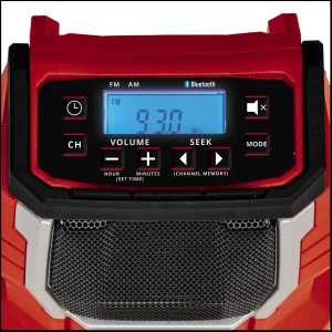 Einhell Akku-Radio TC-RA 18 Li BT Solo: Rotes Radio mit Display und Bedienelementen.