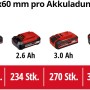 Einhell Power X-Change Akkus in verschiedenen Größen (1.5Ah - 6.0Ah) und Schraubenanzahl pro Ladung.