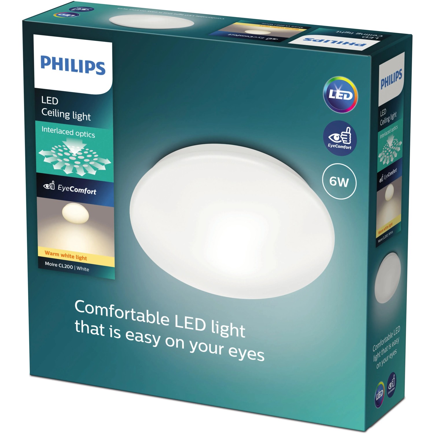 Verpackung der Philips LED-Deckenleuchte CL200 6W mit EyeComfort-Technologie.