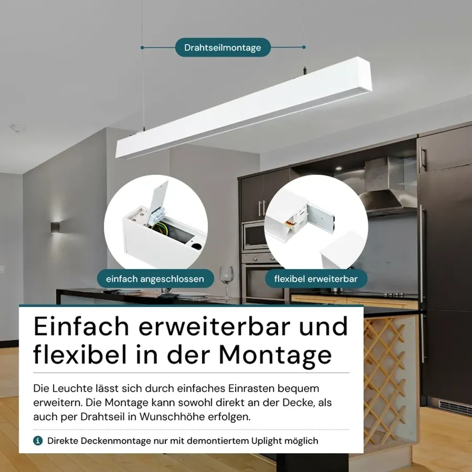 Weiße LUXULA LED Büroleuchte/Tresenleuchte (30W, 3600lm) mit CCT Farbtemperatursteuerung, abgehängt.