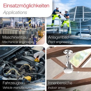 Anwendungsbeispiele für SOTECH selbstsichernde Sechskantmuttern: Maschinenbau, Anlagenbau, Fahrzeugbau, Innenbereiche.