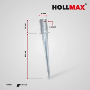 HOLLMAX Einschlaghülse rund, 81mm, silber verzinkter Stahl, 750mm lang, für Pfosten. Maße.