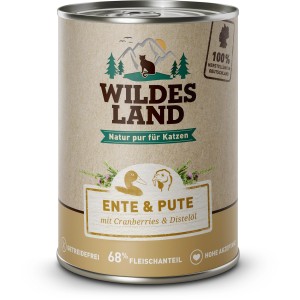 Wildes Land Katzen-Nassfutter Ente & Pute, 400g Dose. Katzenfutter mit hohem Fleischanteil.