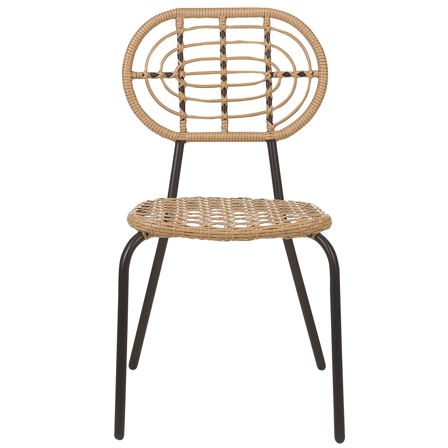 Gartenstuhl Beliani, naturfarben/beige, mit schwarzem Metallgestell und geflochtener Sitzfläche.