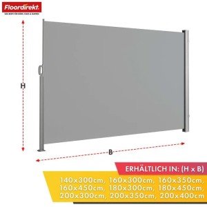 Floordirekt Seitenmarkise ausziehbar, hellgrau, 160x450 cm, Alu-Sichtschutz für Terrasse & Balkon.