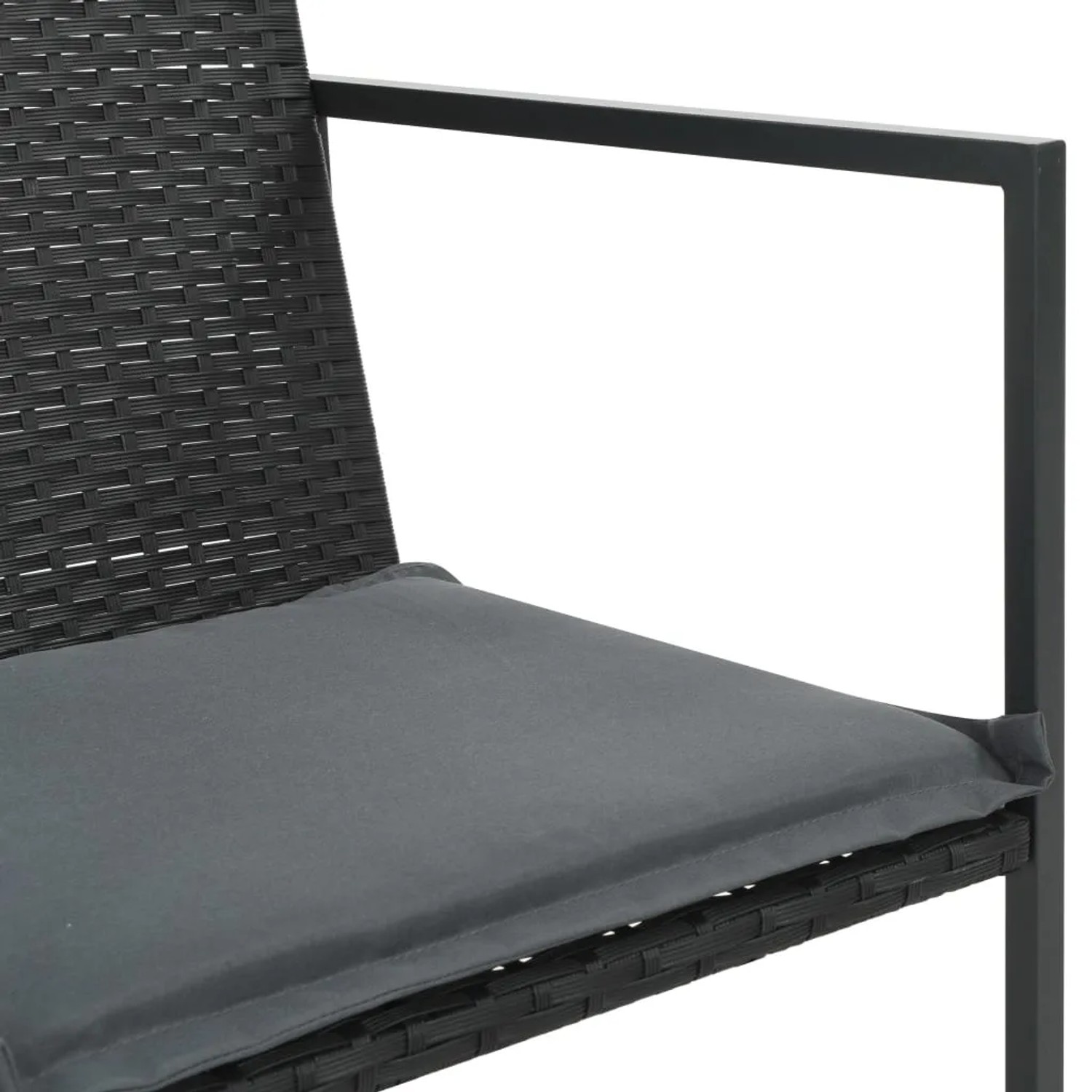 Detailaufnahme: Schwarzer Rattan-Gartenstuhl mit grauem Sitzkissen, Teil des 7-tlg. vidaXL Essgruppe.