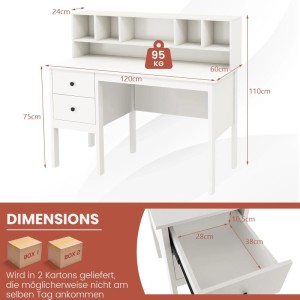 Costway Schreibtisch mit 2 Schubladen und 5 Fächern 120x60x110cm Weiß