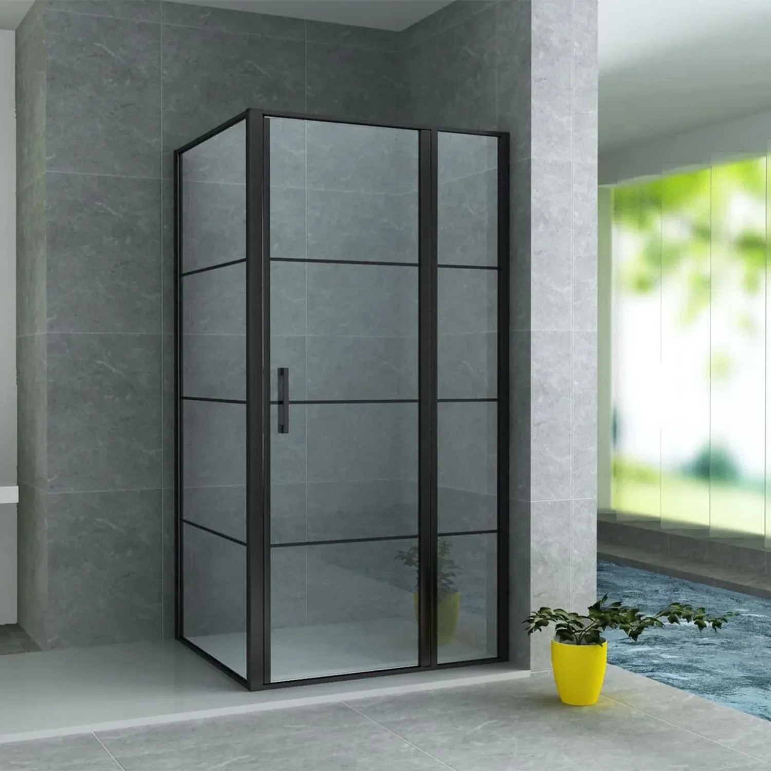 Aloni Duschkabine Schwingtür mit Festelement und Seitenwand Schwarz Matt 90x120x200