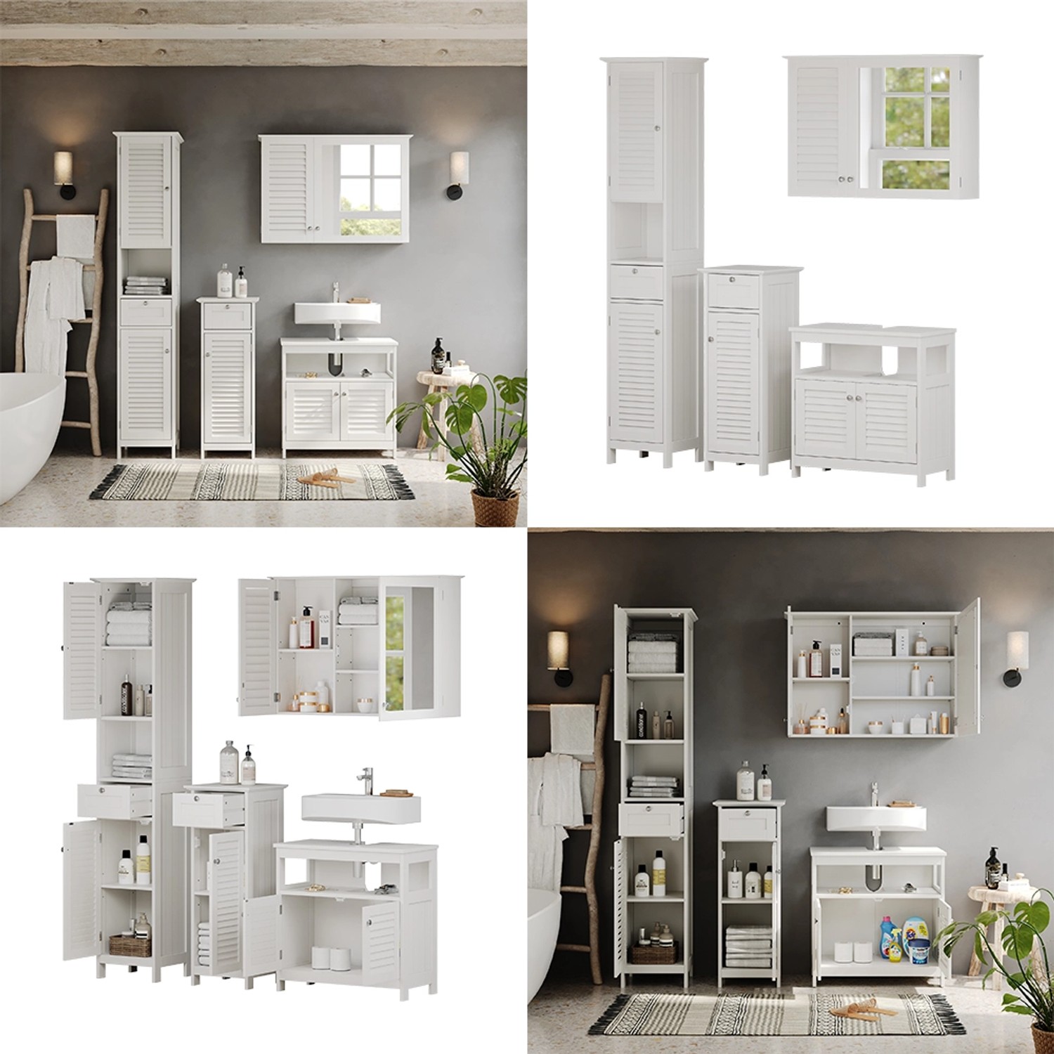 Vicco Badmöbel-Set Riad Weiß, 4-teilig: Hochschrank, Spiegelschrank, Waschbeckenunterschrank, Midischrank.