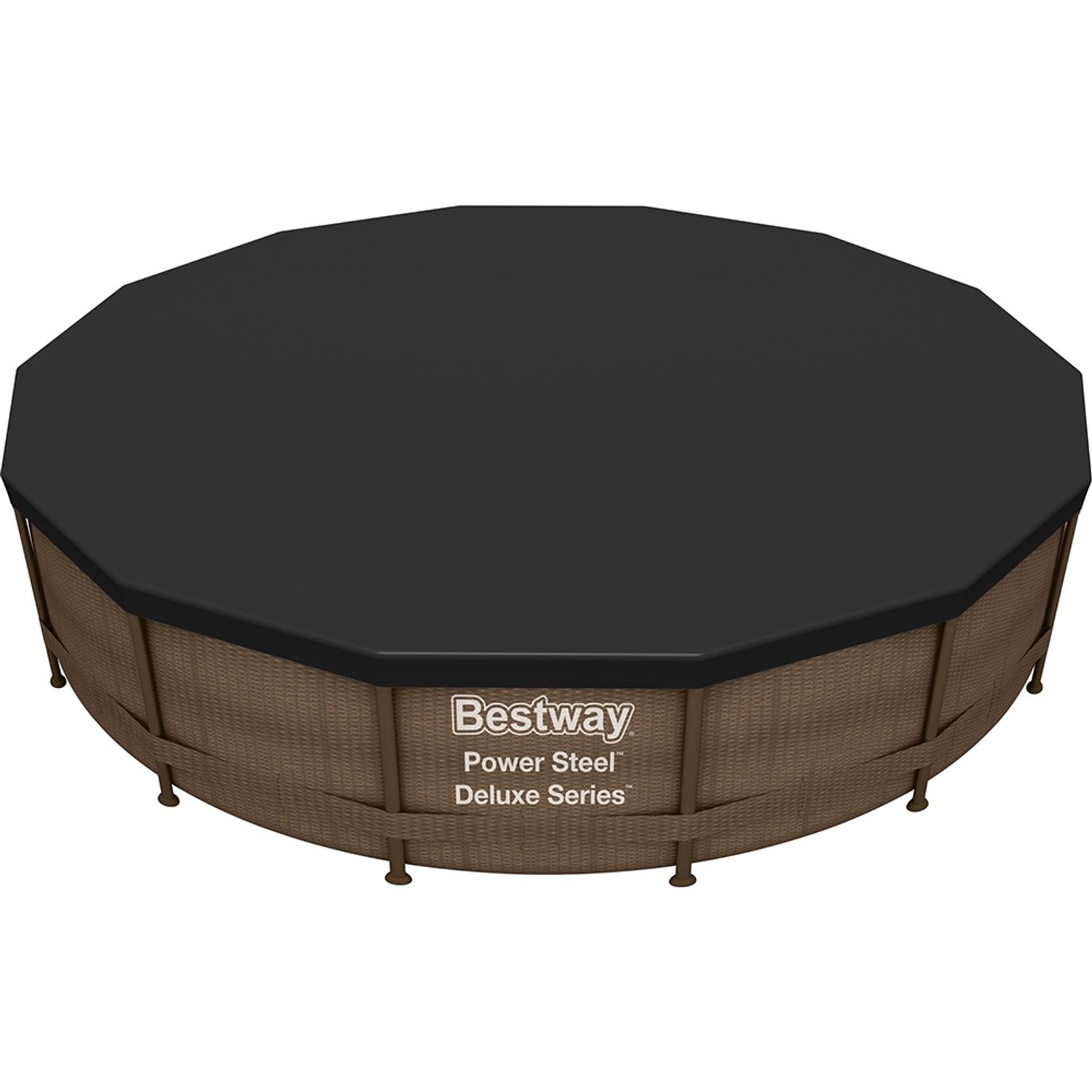 Graue Flowclear PVC-Abdeckplane (427x427 cm) auf rundem Pool. Schützt vor Schmutz.