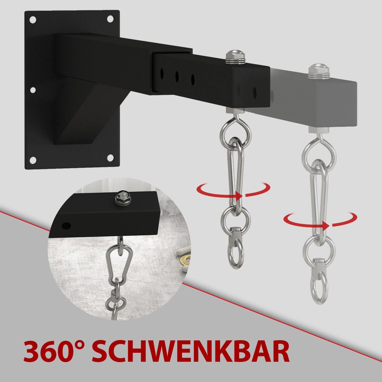 Schwarze SPORTNOW Boxsack Wandhalterung aus Stahl, verstellbar und schwenkbar.