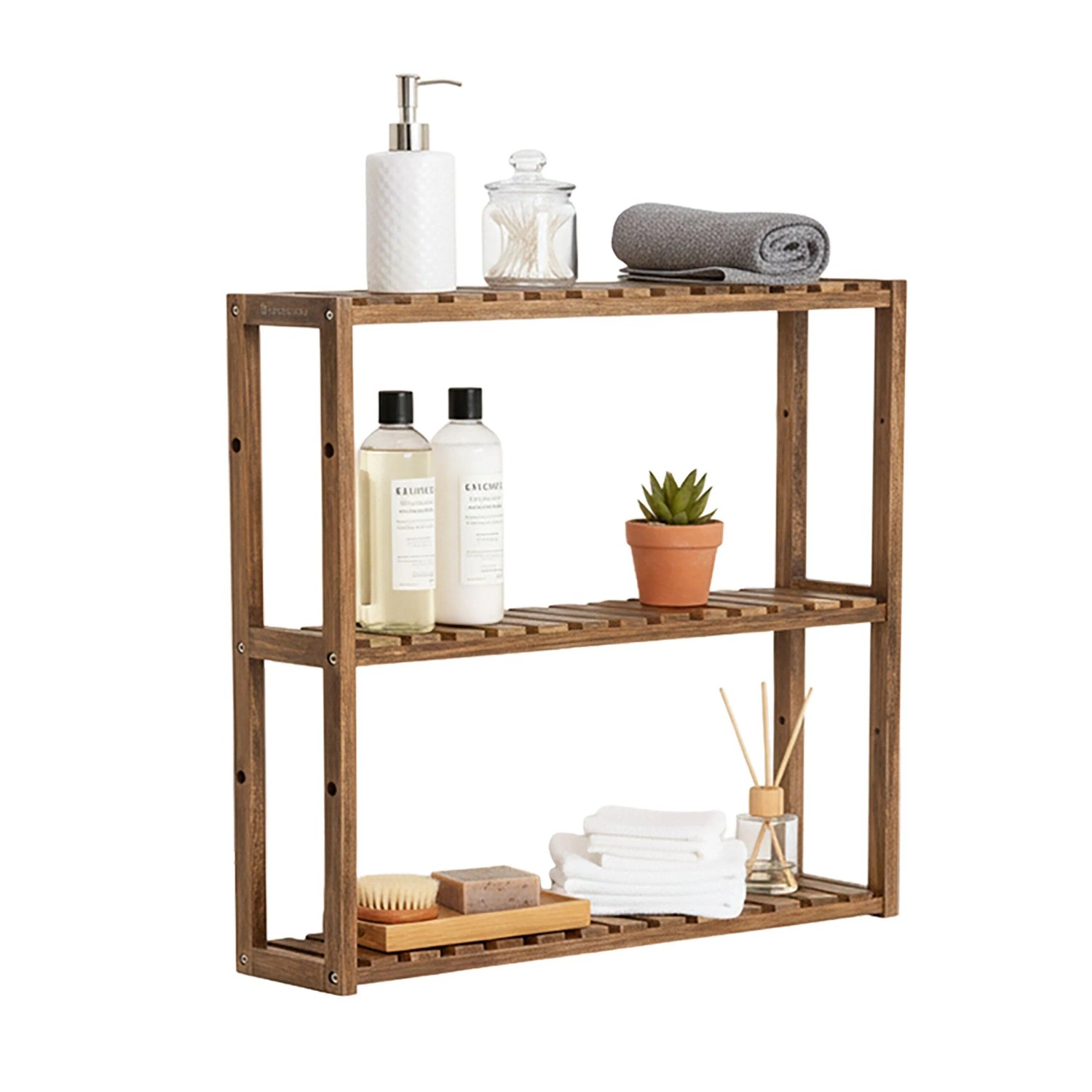 Relaxdays Wandregal Akazienholz Natur mit 3 Ablagen 54 cm x 60 cm x 15 cm