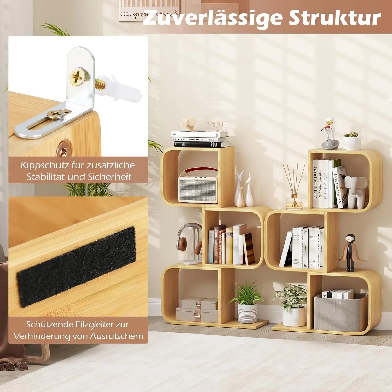Costway Bücherregal S-förmig Aus Bambus Würfelregal mit 3 Etagen_5