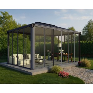 Canopia Ledro Pavillon 3x4.3 in Anthrazit/Grau mit Möbeln im Garten.