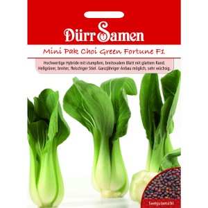 Dürr Samen Asia-Salat Green Fortune F1: Saatgut-Packung mit Mini Pak Choi, grüne Blätter und Saatgut-Ansicht.