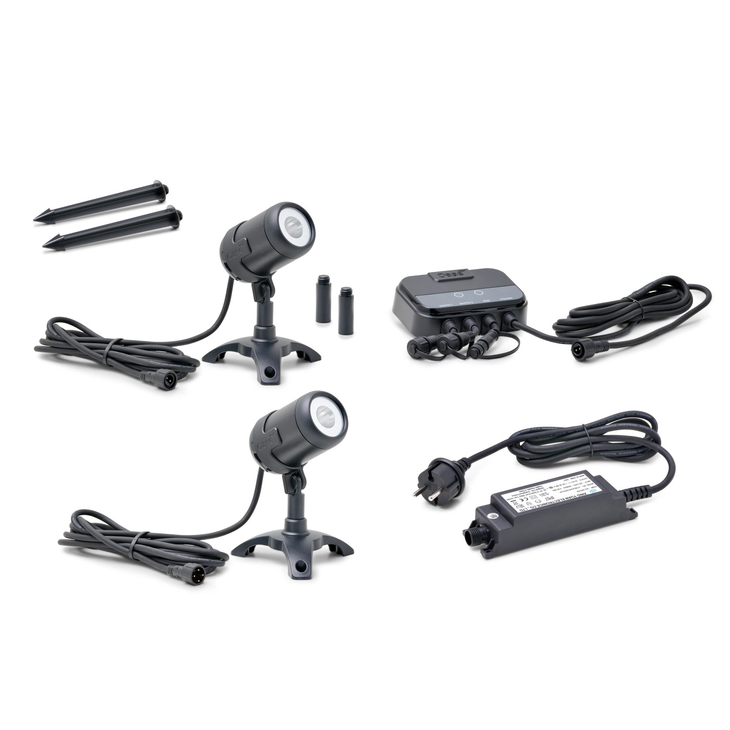 Oase LunAqua Connect Starter Set für Teichbeleuchtung mit zwei Strahlern, Erdspießen, Controller und Netzteil.