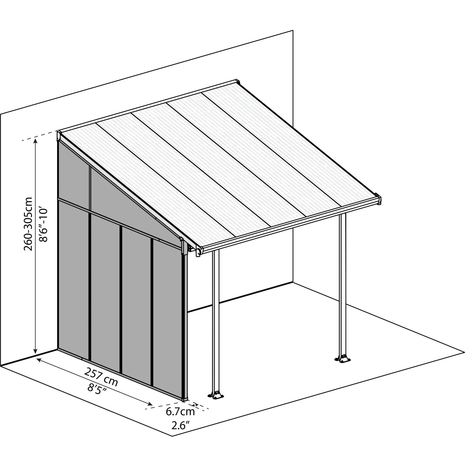 Palram Canopia Seitenwand 3 m, weiße Terrassenüberdachung, transparente Polycarbonatplatte.