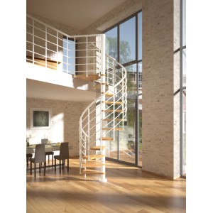Dolle Spindeltreppe Oslo, Ø 120 cm, mit Buchenholzstufen und weißem Geländer in modernem Wohnraum.
