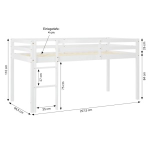 Homestyle4u Kinder Hochbett 90x200 cm, weißes Holzbett mit Leiter und Maßangaben.