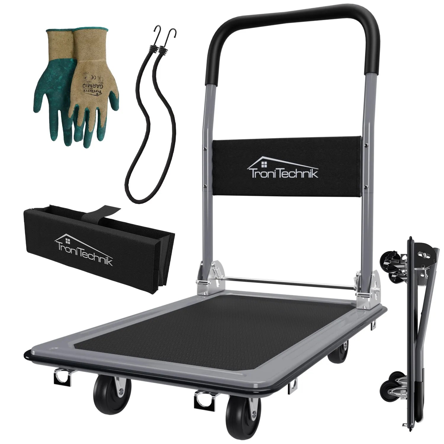 TroniTechnik Transportwagen, klappbar, mit Werkzeugtasche, Spanngummi und Handschuhen.