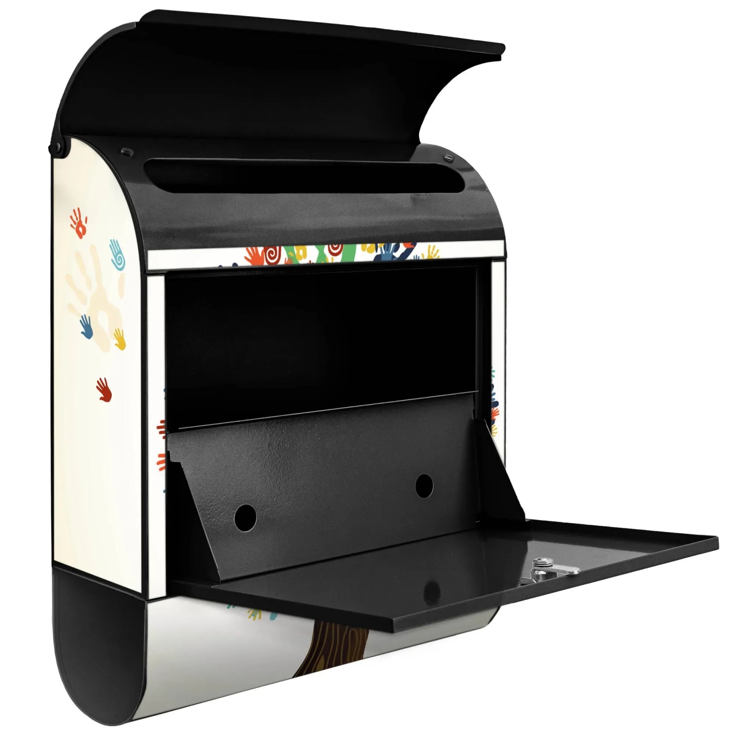 Offener, schwarzer Design-Briefkasten mit Zeitungsfach und Motiv 'We Are The World'.