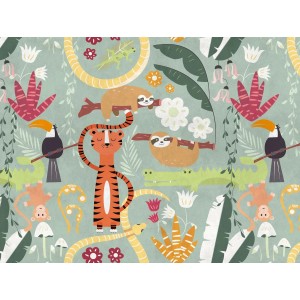 Fototapete mit Dschungelmotiven für Kinderzimmer: Tiger, Faultiere, bunte Pflanzen.