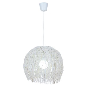 Weiße Korb-Pendelleuchte Struwel, Ø 40 cm, aus Rattan. Moderne Hängelampe für Wohnräume.
