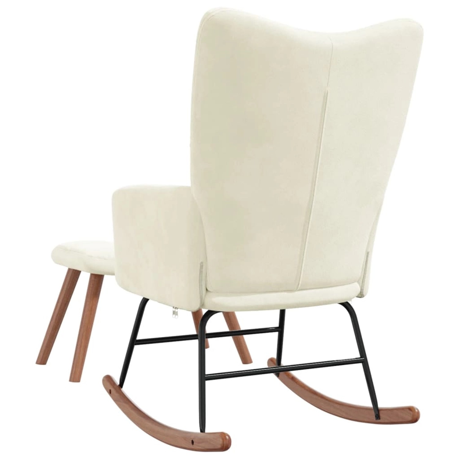 Cremeweißer Samt Schaukelstuhl mit Hocker, Rückenansicht. Gemütlicher Relaxsessel für Wohnzimmer.
