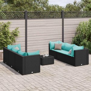Schwarzes 7-tlg. Garten Lounge Set aus Poly Rattan mit wasserblauen Kissen und Tisch. Gartenmöbel für Terrasse und Garten.