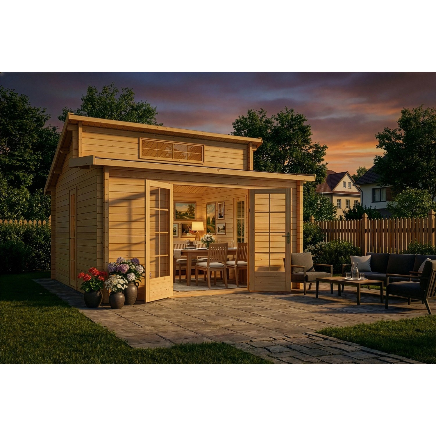 Carlsson Gartenhaus Lausitz mit Pultdach, unbehandelt, 400x440 cm, mit geöffneten Türen und Gartenmöbeln.