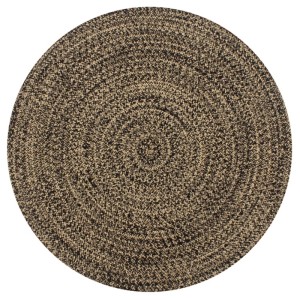 Handgefertigter, runder Jute Teppich in Schwarz und Natur, 90 cm Durchmesser.